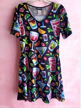 V-Neck Midi Black Dress with Colorful Cocktail Print🍸Summer Vibe